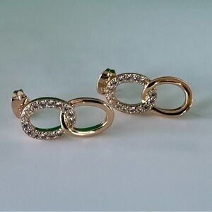 18K Gold CZ Link Earrings – Sparkly Chain Studs, Modern Double Oval Design